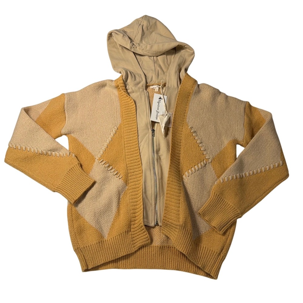 Mystree Cardigan Hoodie Yellow Tan Chevron Patchwork Knit Zip Up Small Women